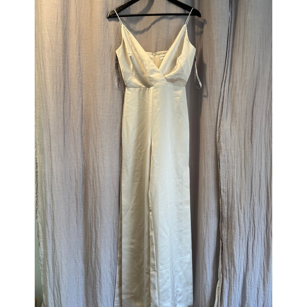 monique lhuillier Wide Leg Jumpsuit Wrap V-Neck Spaghetti Strap Sleeveless Cream